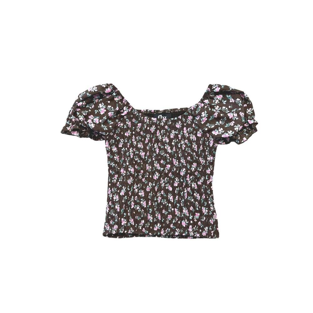 NEW FLOWERS BY ZOE girls' puff sleeve top in brown pink floral